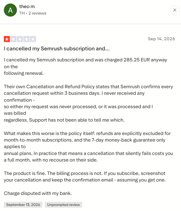 Trustpilot Semrush review 1