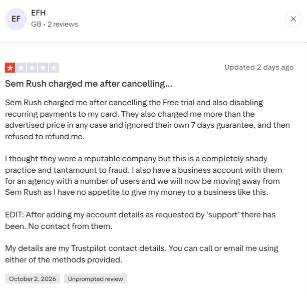 Trustpilot Semrush review 4
